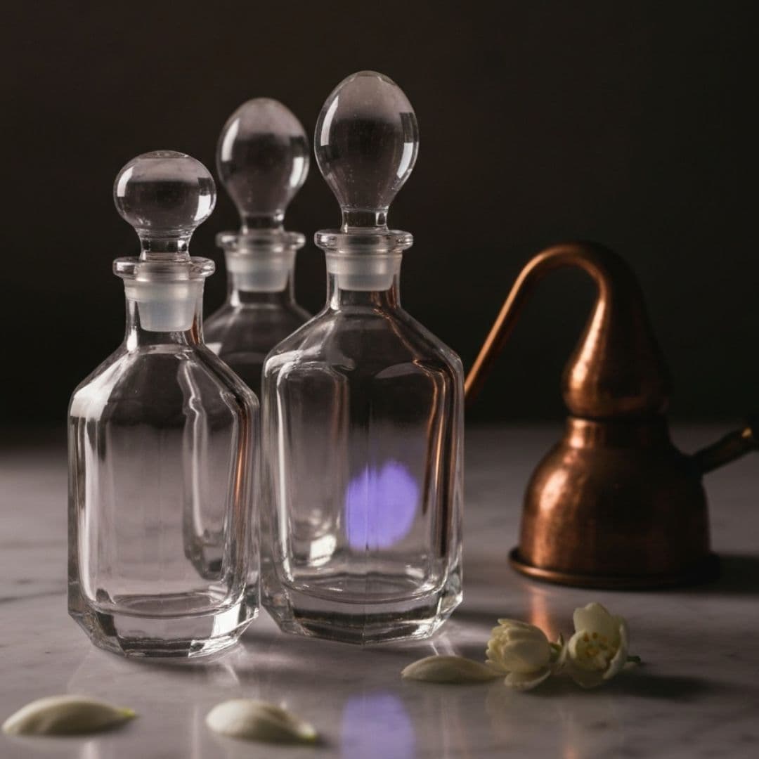 Three clear glass perfume flacons with rounded stoppers on a marble surface beside a small copper still and a few jasmine blossoms.