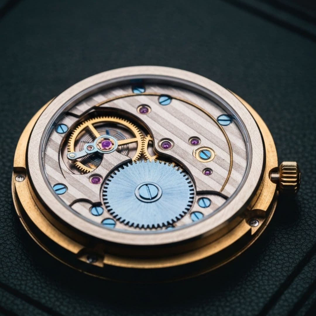 Macro view of an uncased mechanical watch movement resting on dark leather, showing the balance wheel, ruby jewels, blued screws and brass gear train.