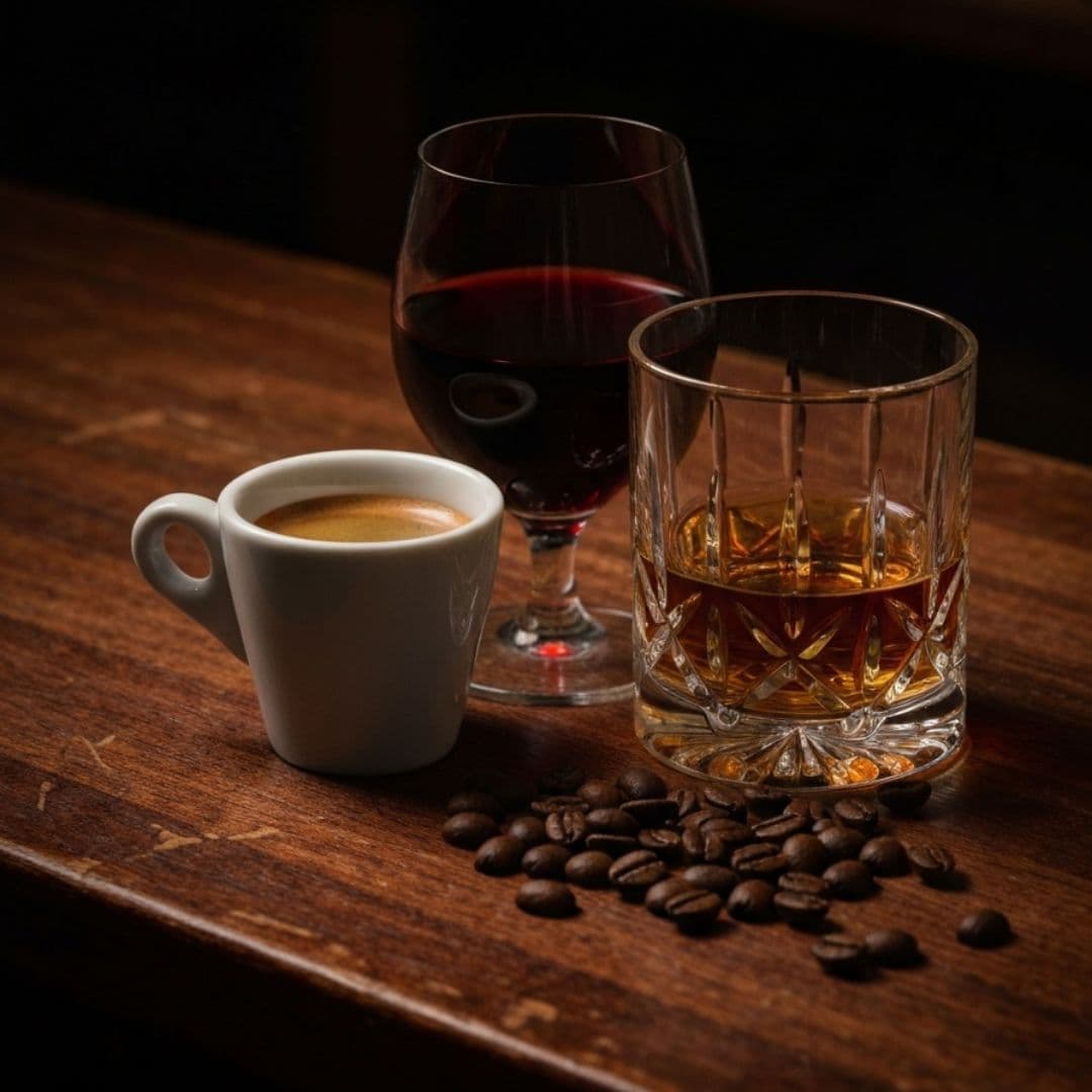 An espresso cup, a glass of red wine and a cut-crystal tumbler of amber spirit on a dark wooden bar top, with roasted coffee beans scattered beside them.