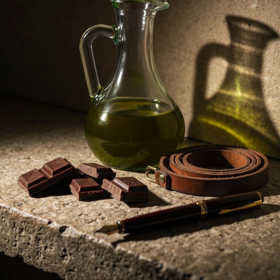 A glass cruet of green olive oil on a stone ledge with broken squares of chocolate, a coiled brown leather strap and a dark fountain pen.