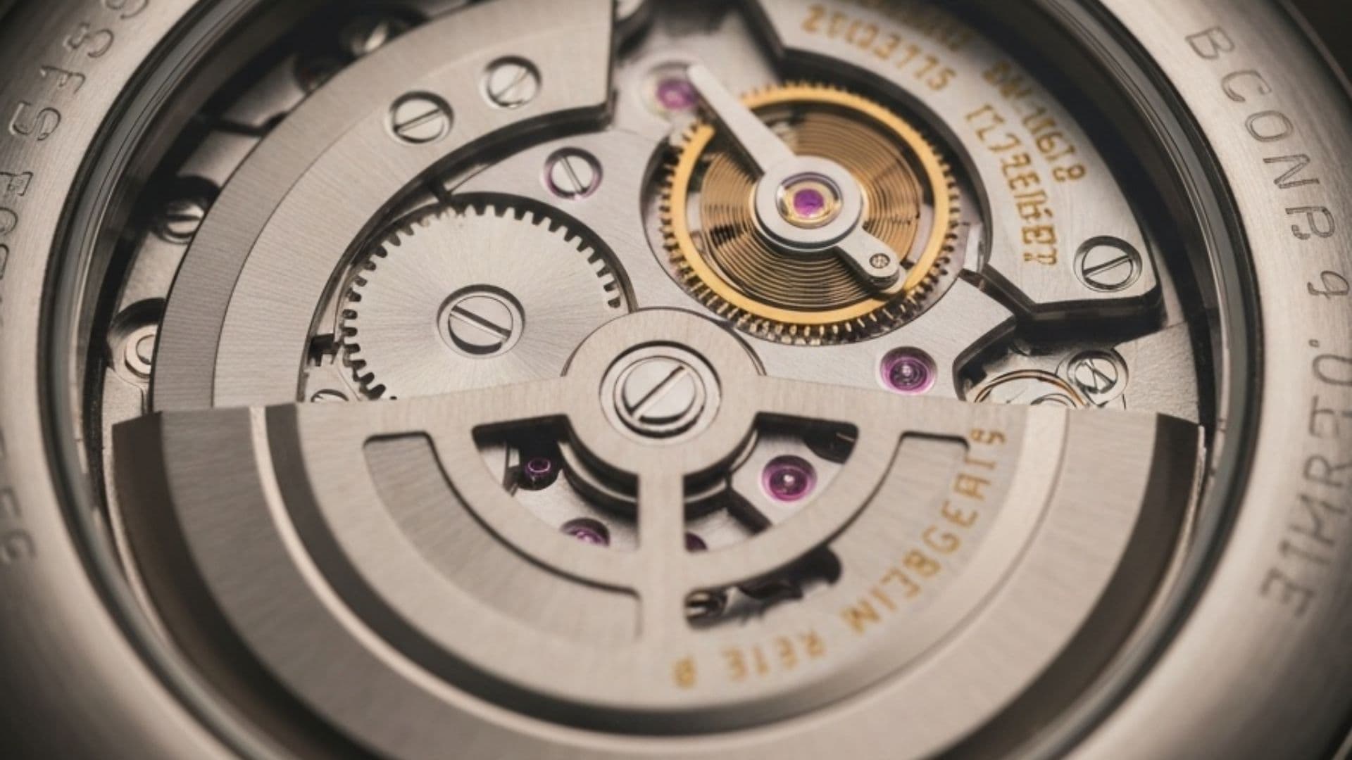 Macro of an automatic watch movement through an open case back, rotor, balance wheel and jewels.