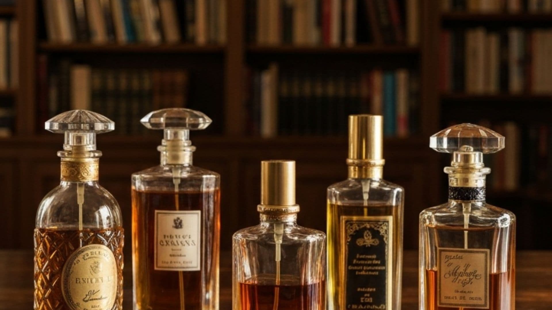 A row of amber and clear glass perfume bottles on a wood surface in warm light.