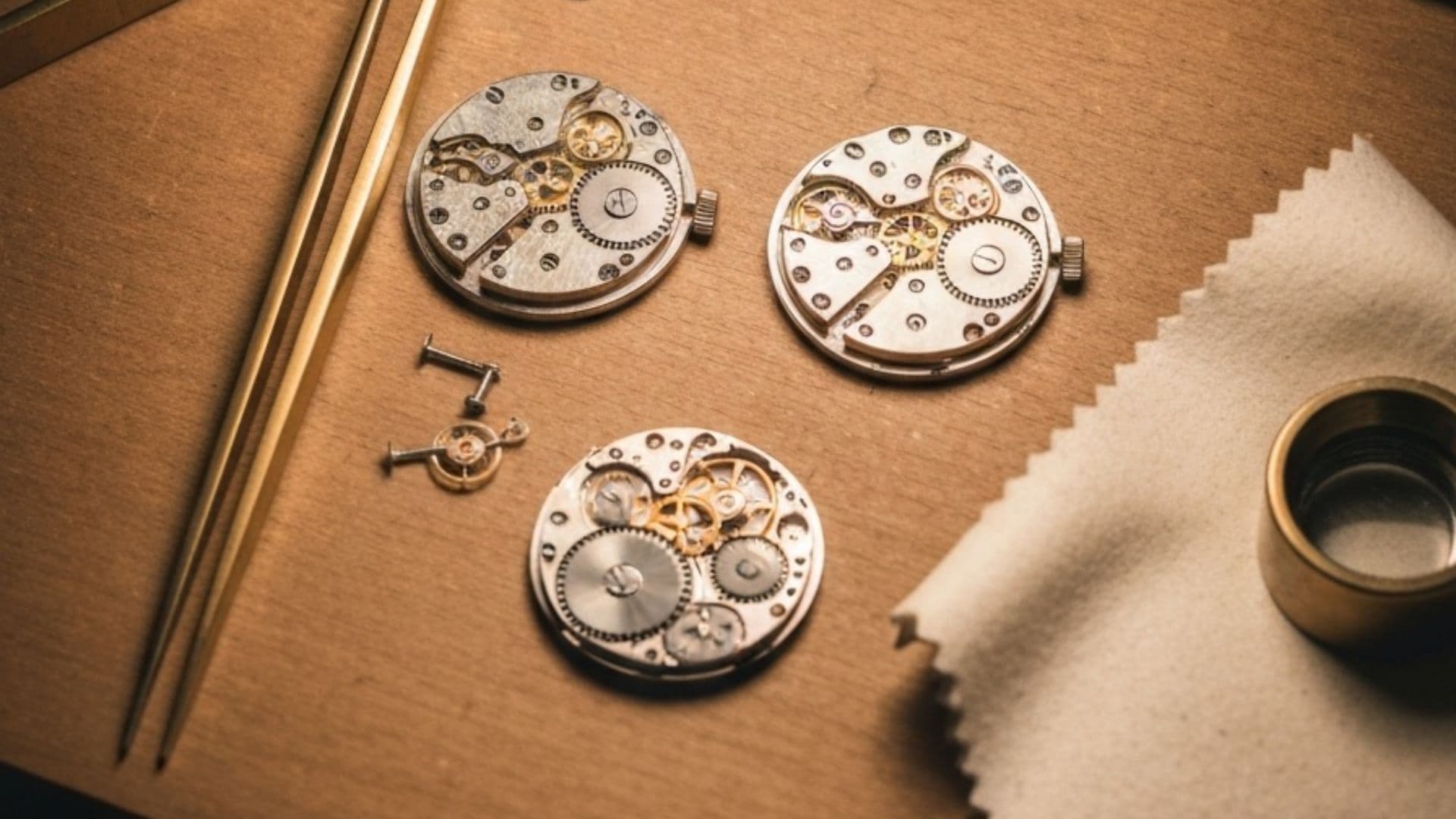 Three disassembled mechanical watch movements on kraft paper with brass tweezers and a polishing cloth.