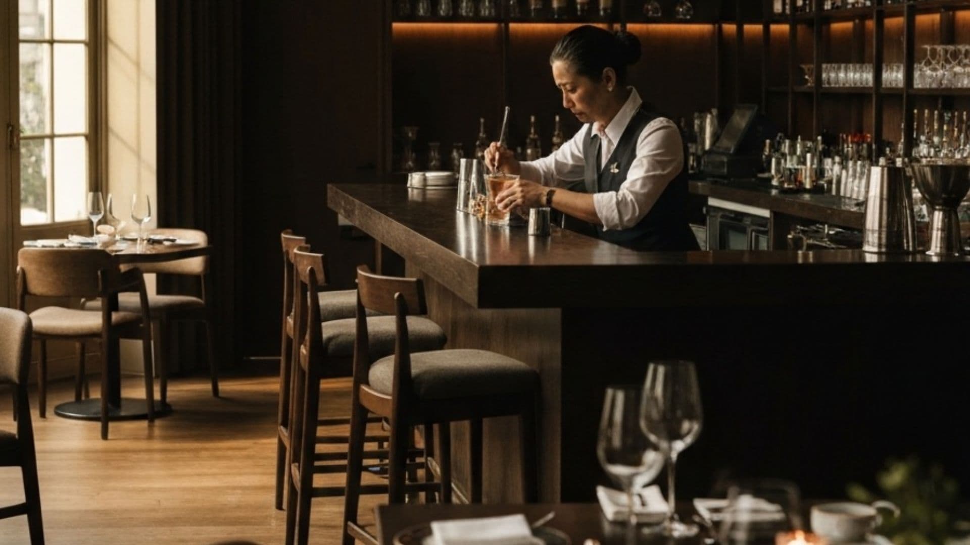 A warm, elegant restaurant interior at golden hour with set tables and a bartender at the bar.