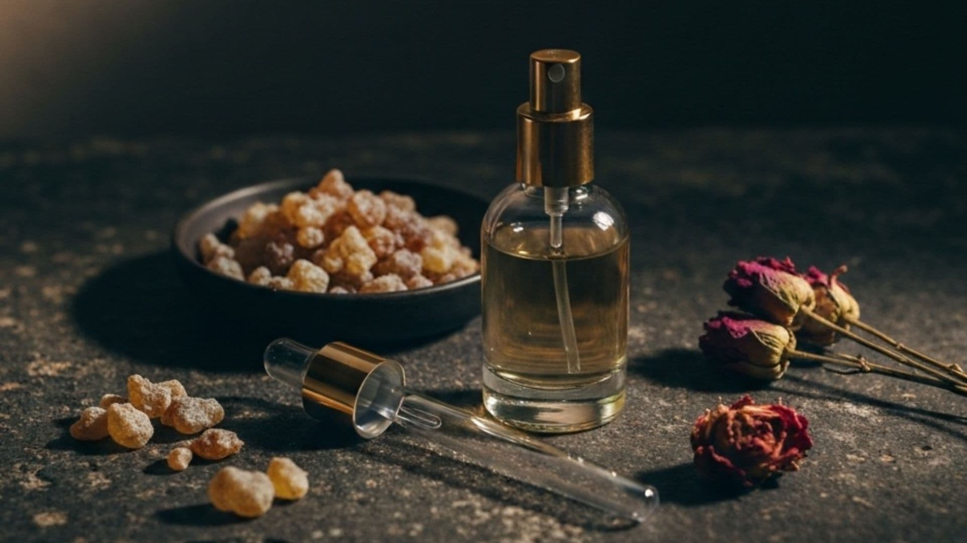 A perfume bottle beside frankincense resin, dried roses and a glass pipette on dark stone.